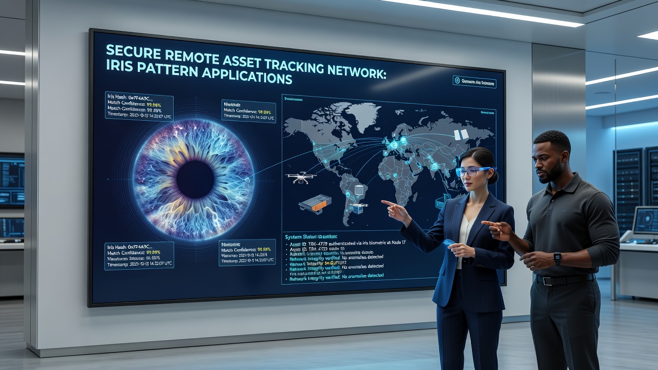 Secure remote asset tracking dashboard displaying iris-verified access logs